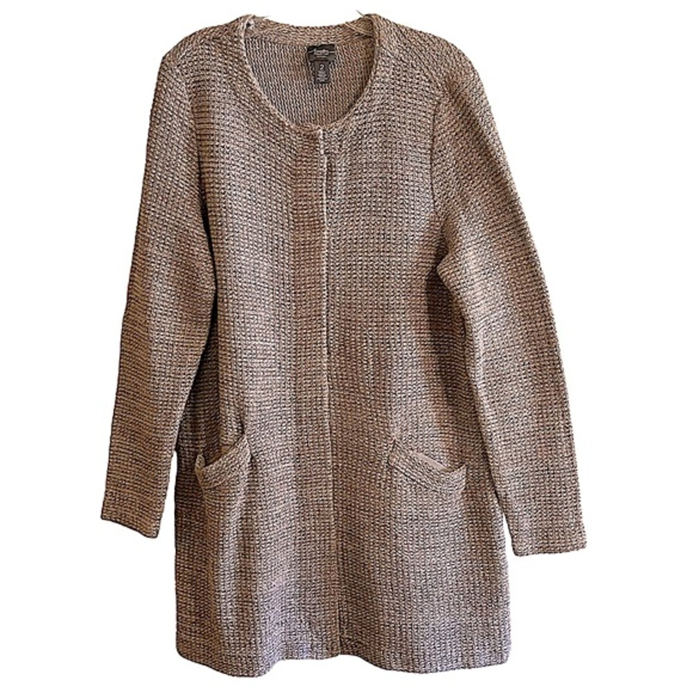 Chico's Travelers Metallic Tan Chunky Knit Longline Cardigan Sweater Size 12